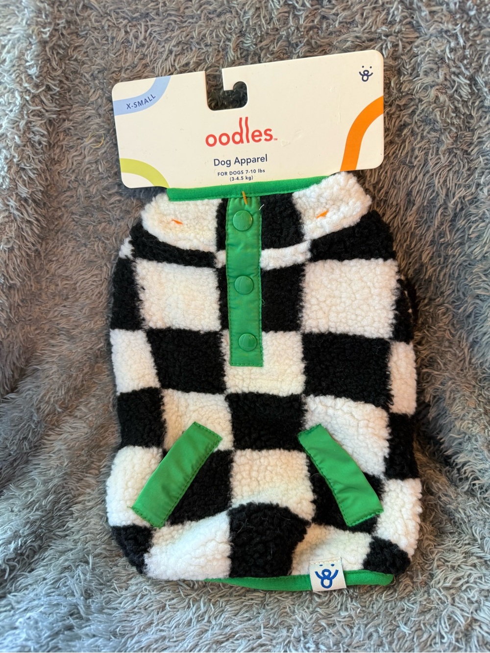 Oodles Black & White Check‎ Sherpa Dog Jacket Green Trim X-Small 7-10 Pounds